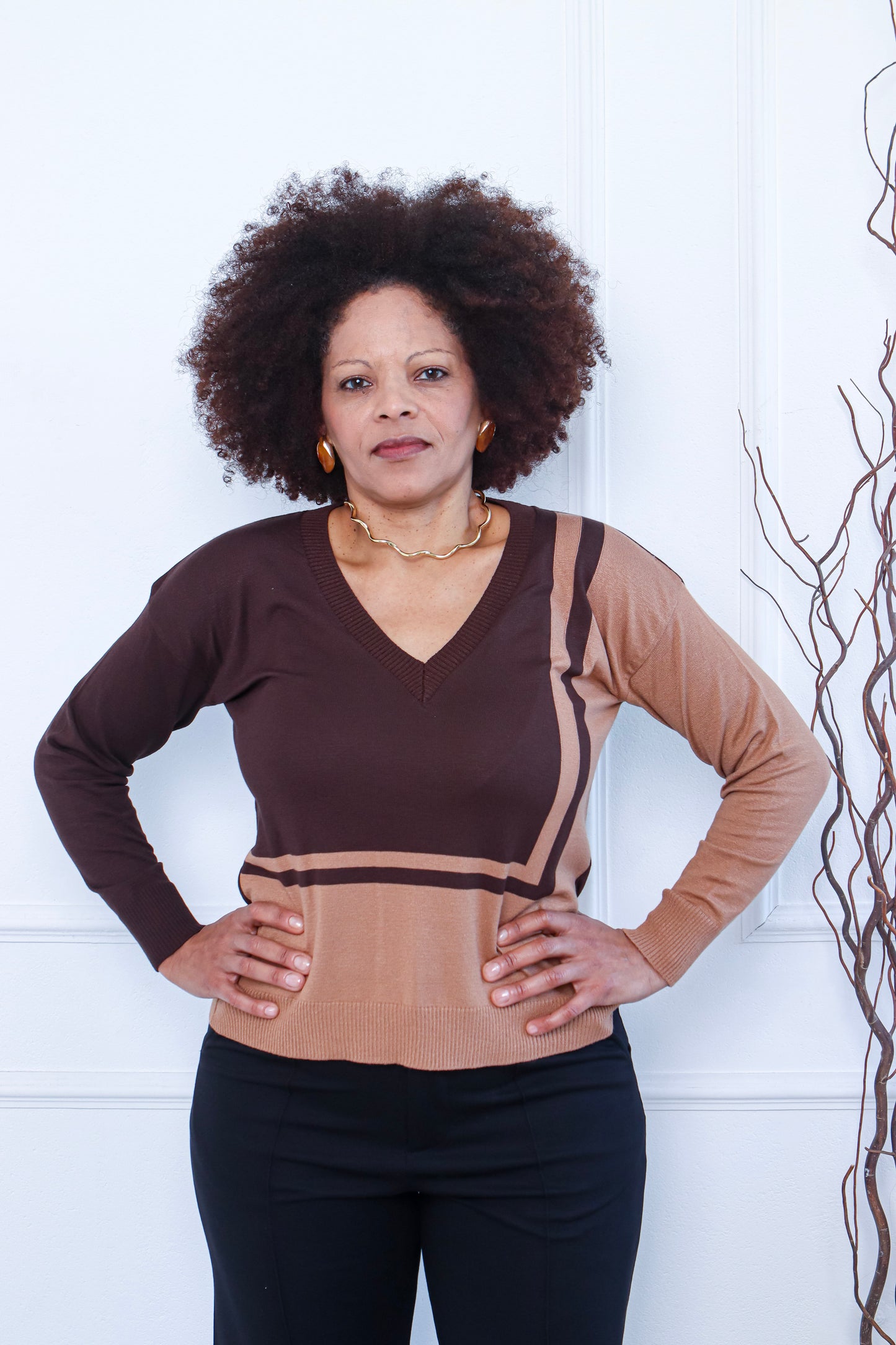 Two-Tone V-Neck Sweater