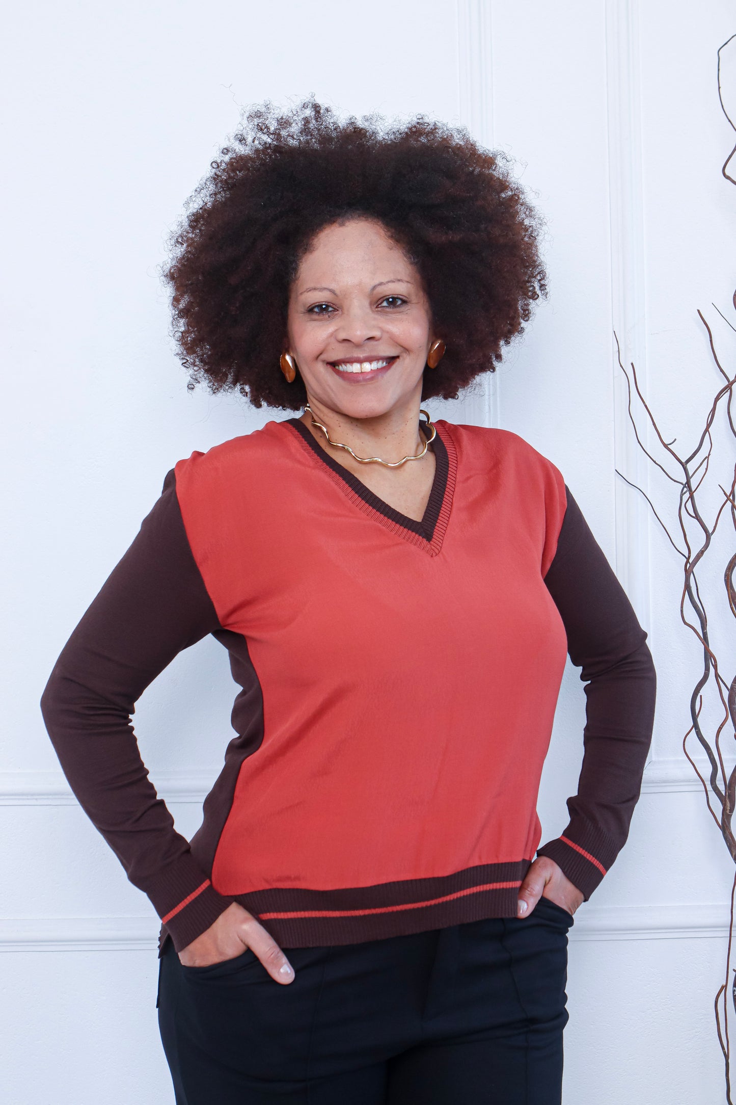 Two-Tone Long Sleeve Blouse