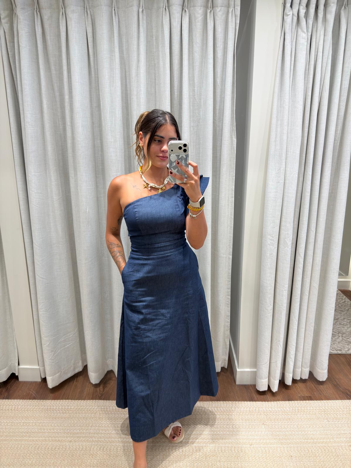 Valentina One-Shoulder Denim Dress