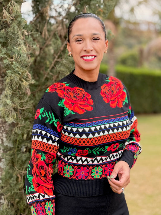 Roses Black Knit Sweater with Red Rose Embroidery - Cashmere