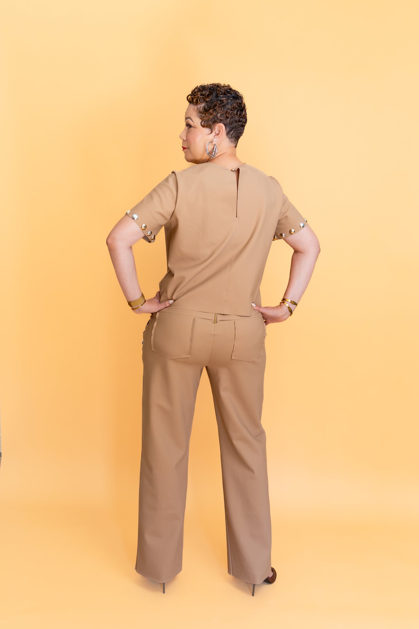 SK - Camel Two-Piece Set with Silver Button Embellishments