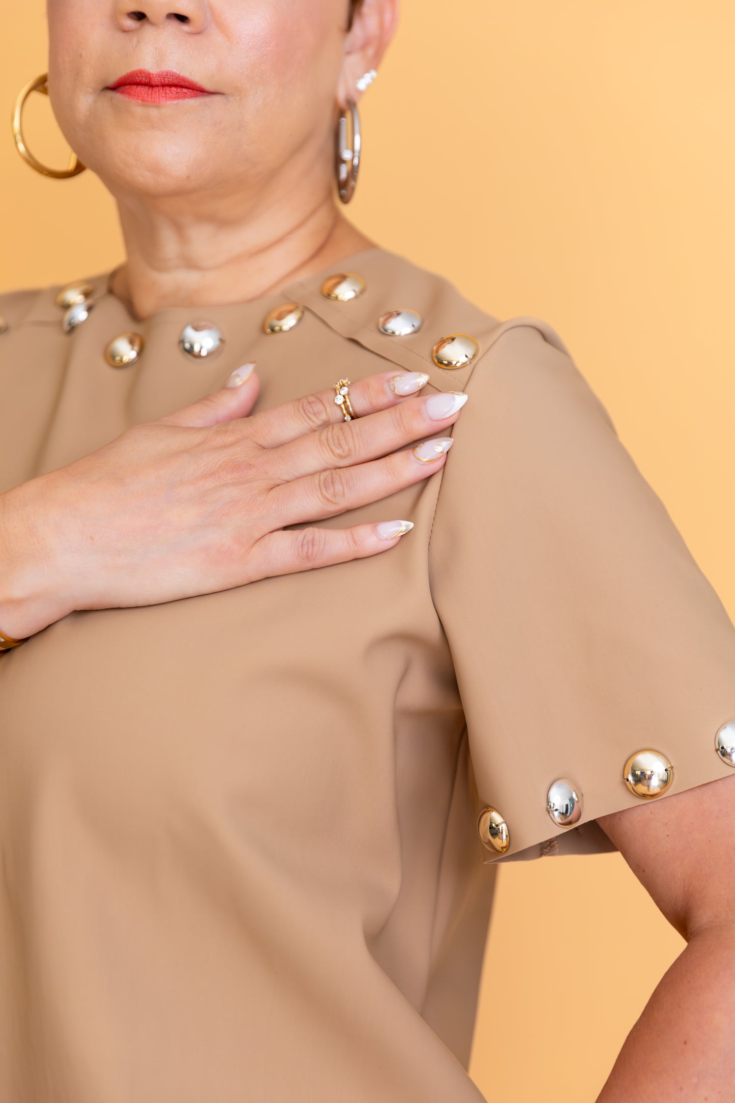 SK - Camel Two-Piece Set with Silver Button Embellishments