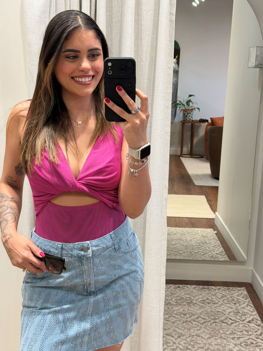 Fuchsia Twist Cutout Bodysuit