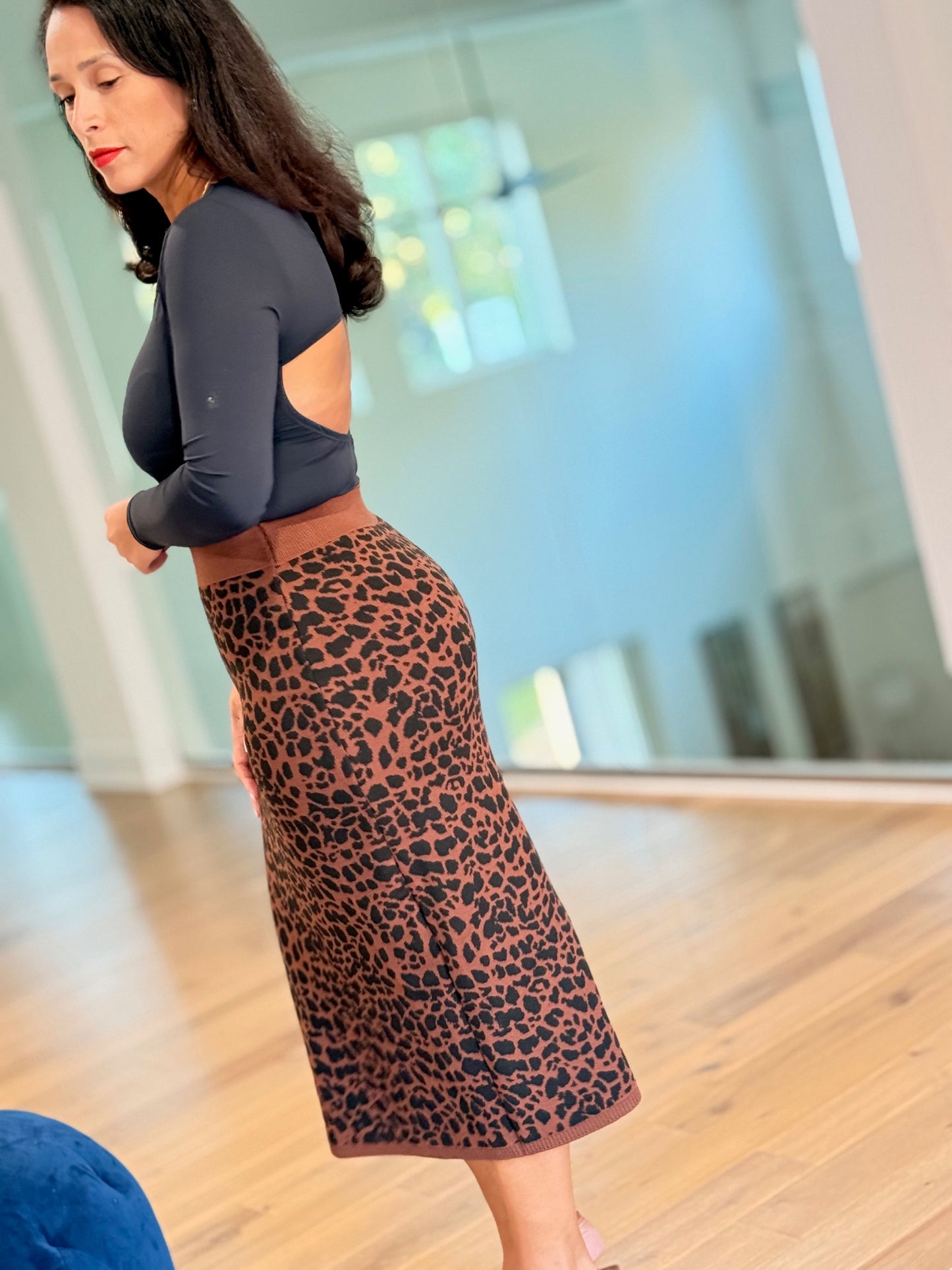 Knit Animal Print Midi Skirt – Brown & Black