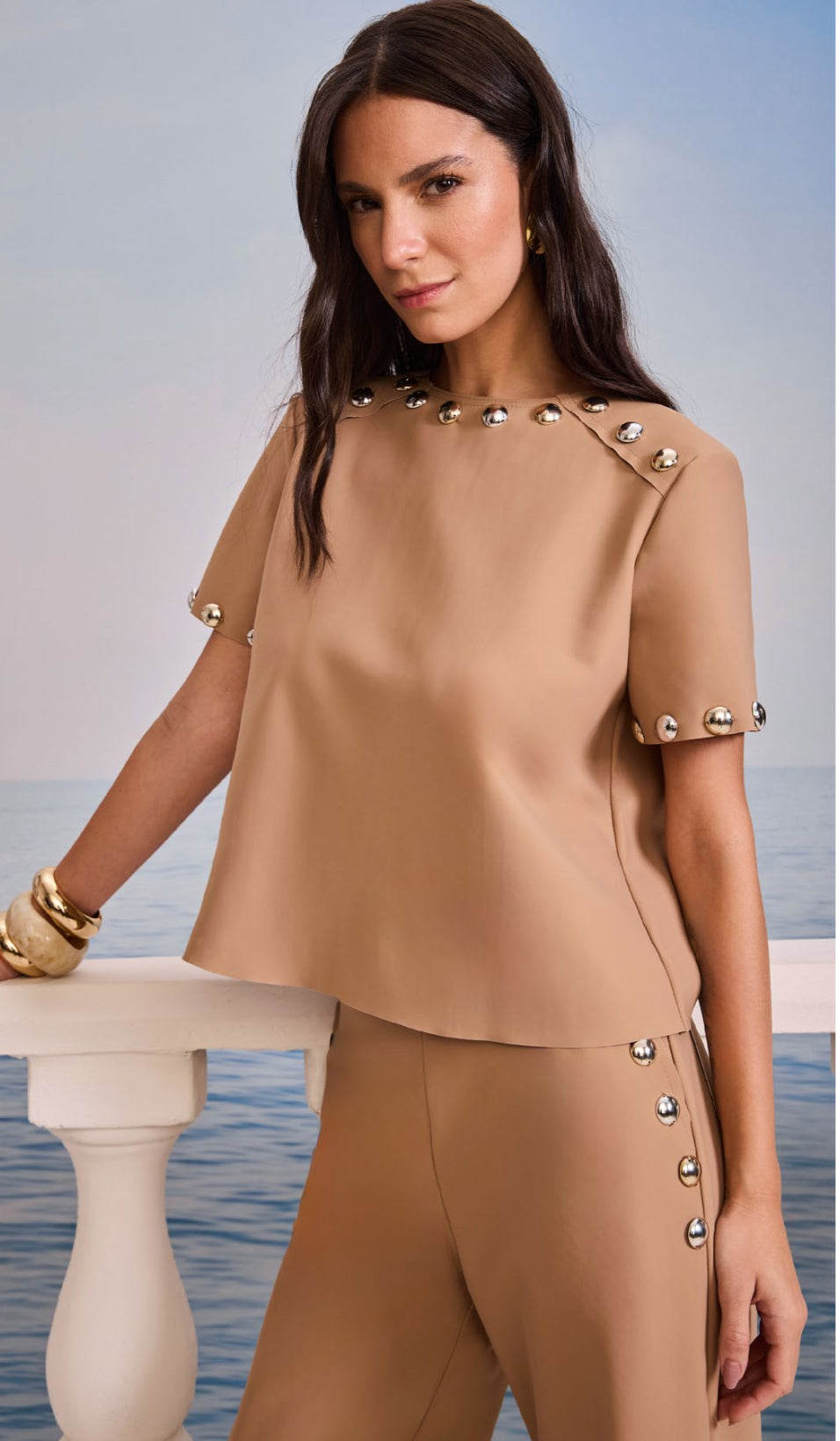 SK - Camel Two-Piece Set with Silver Button Embellishments