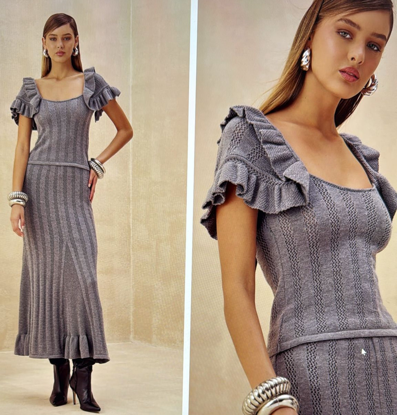 SK - Grey Knit Maxi Set with Ruffle Detail