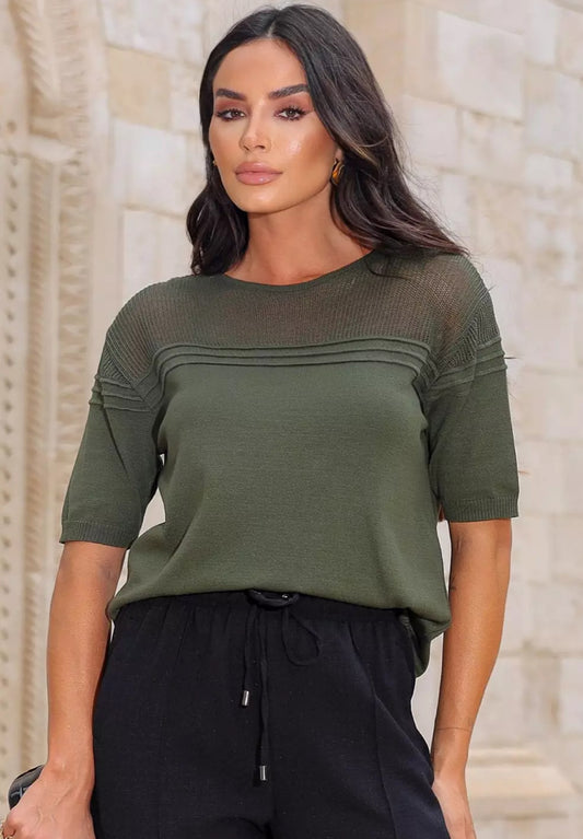 Olive Green Blouse with Sheer Detail