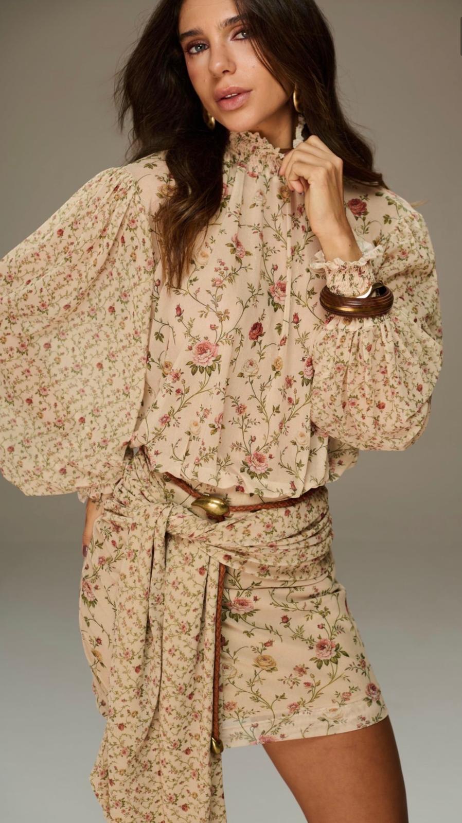 Vintage Bloom Belted Mini Dress