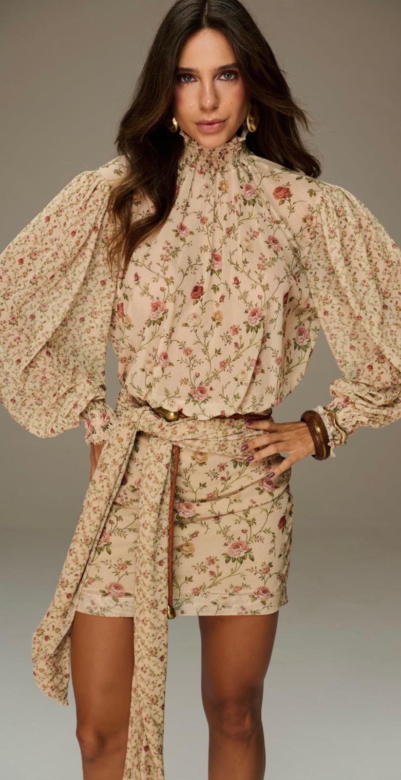 Vintage Bloom Belted Mini Dress