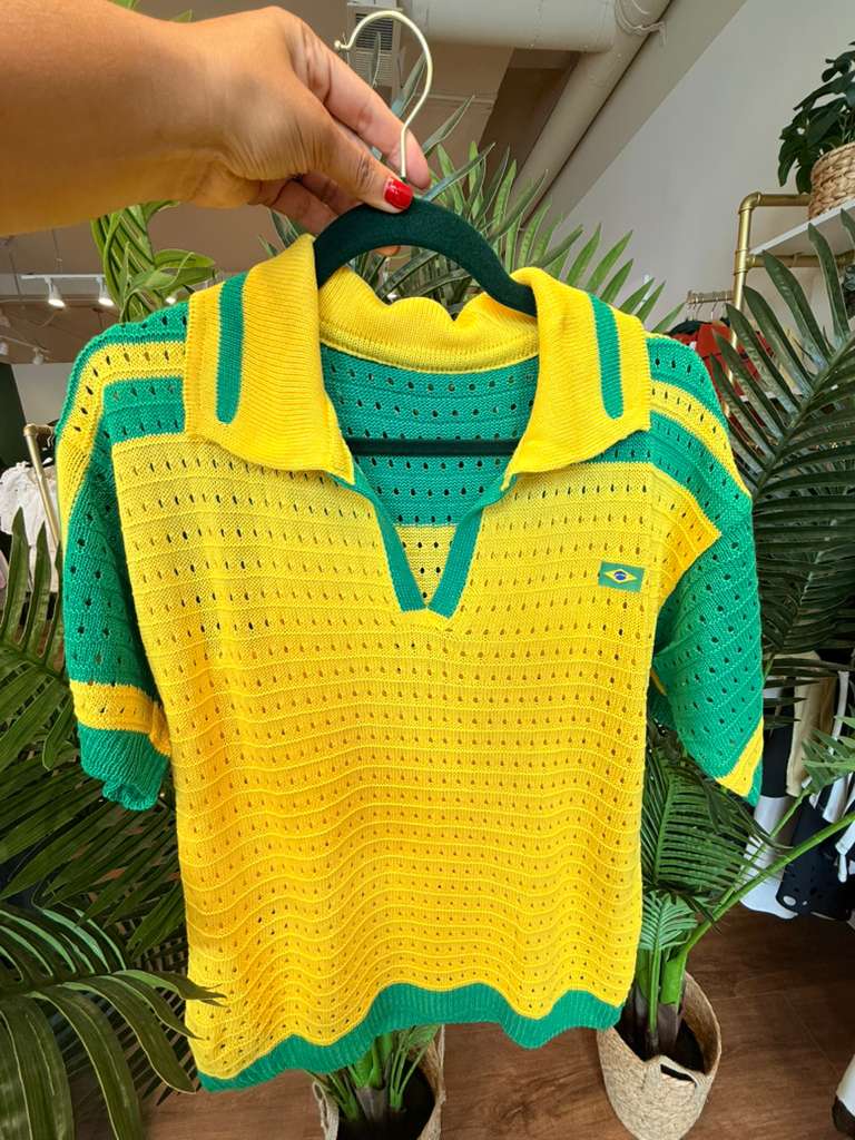 Brasil Polo Knit Top – Green & Yellow
