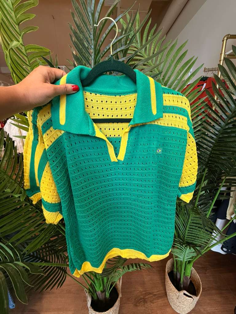 Brasil Polo Knit Top – Green & Yellow