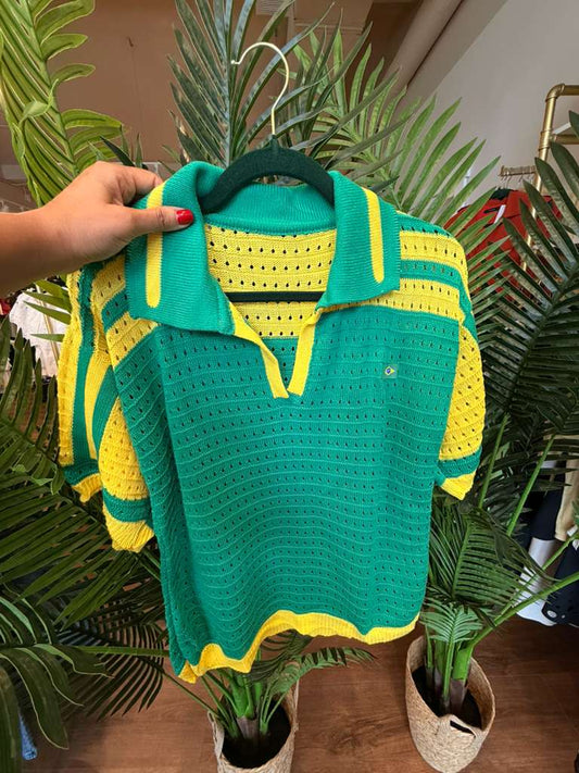 Brasil Polo Knit Top – Green & Yellow