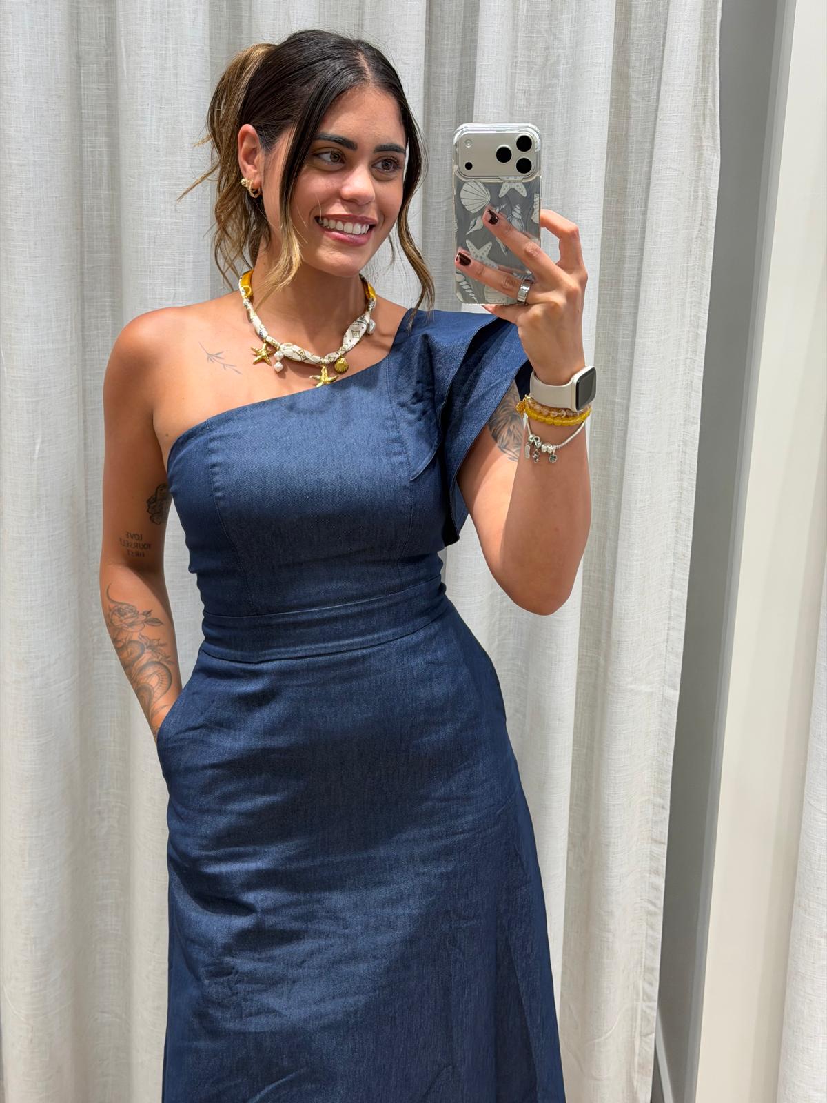 Valentina One-Shoulder Denim Dress