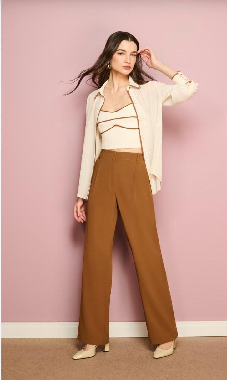 Beth Ivory Contour Top with Caramel Wide-Leg Pants Set